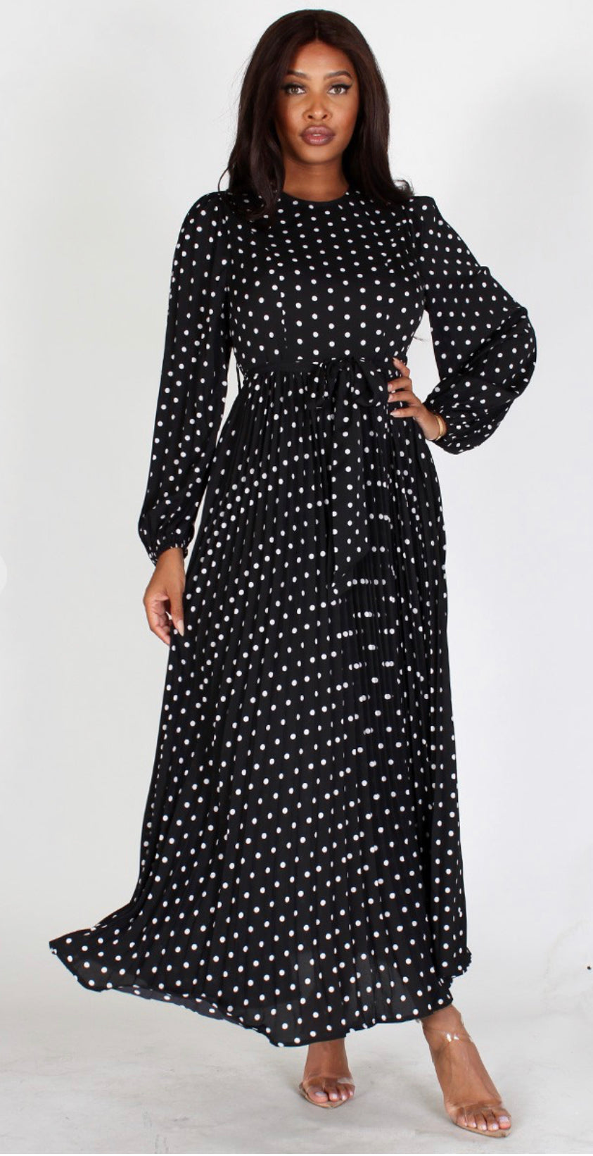Isabella Black & White Polka Dot Long Sleeve Pleated Maxi Dress